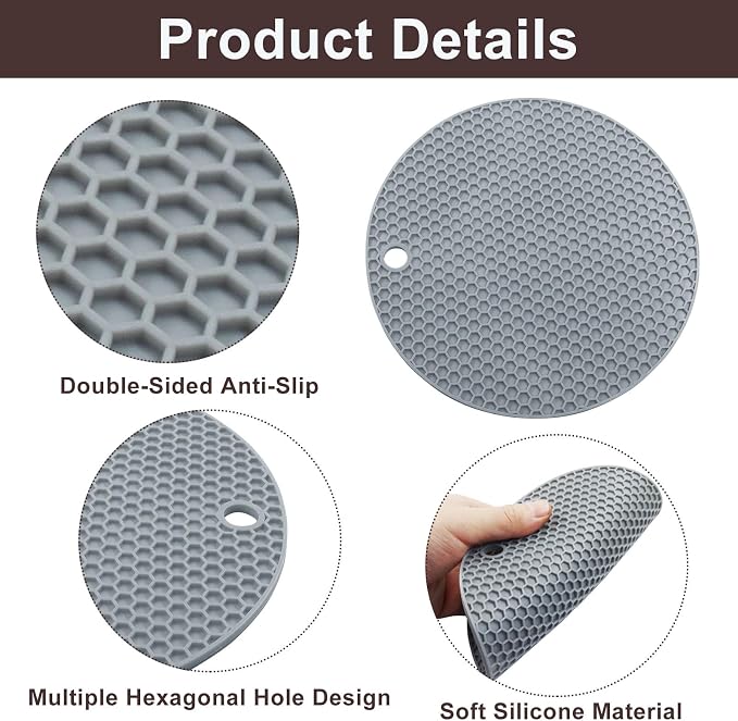 4 Pack Round Silicone Trivet Mats, Gray | Heat Resistant, For Pots, Bowls, and Countertops