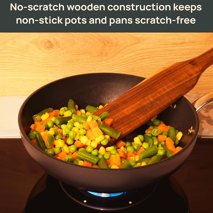 Wooden Spatula - 5Pcs Teak Wood Spurtle Utensils Set – Non Toxic Spatula - Spurdle with Rest - Heat-Resistant – Spurtle for Sourdough Starter - Mixing, Cooking, Serving Spoon- NonStick - A Gift