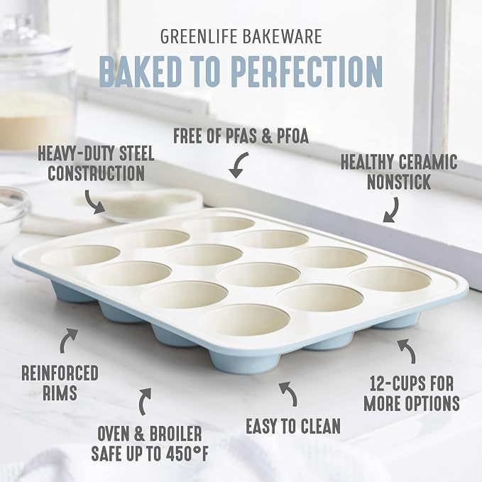 GreenLife 12 Cup Ceramic Nonstick Muffin Pan, Blue Haze | 11.4" x 1.9" x 15.9", PFAS-Free Nonstick, Cupcake Tin, Easy Release, Even Heating, Wipe Clean, Heavy Duty, Warp Resistant