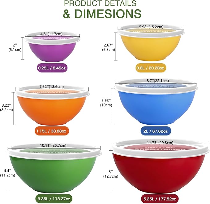 Greentainer Plastic Mixing Bowls with Lids Set for Kitchen, 6 Set Nesting Bowls for Mixing, Baking, Prepping, Cooking and Serving Food, Mixing Bowls Dishwasher, Microwave Safe