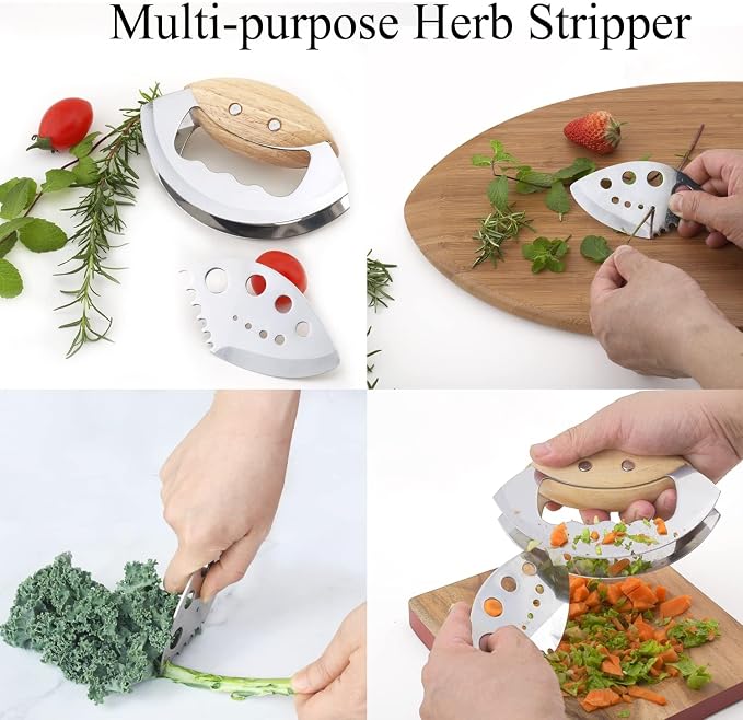 Salad Chopper Tools with Protective Cover, Sharp Mezzaluna Chopping Knife, Double Blade, Stainless Steel Rocker Knife for Salad, Handheld Vegetable Mincing, Father day gifts