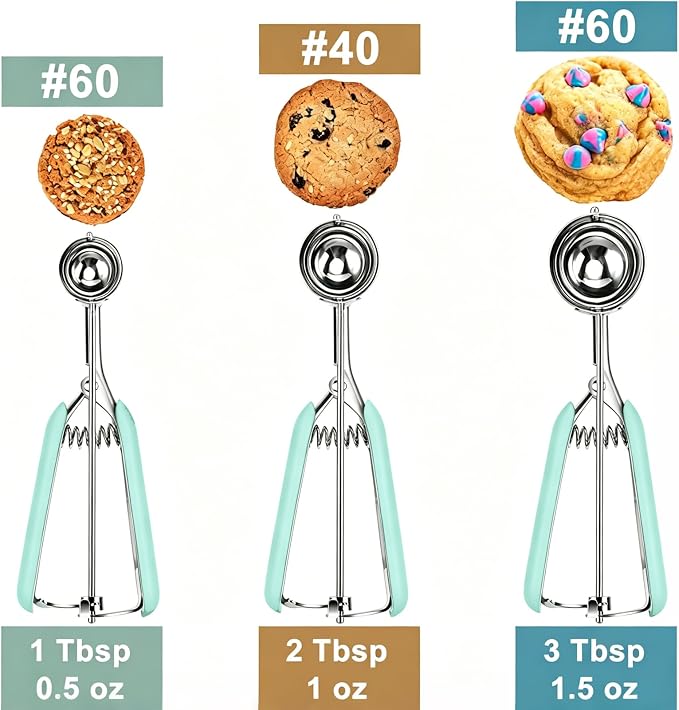 HOMURE H Cookie Scoop Set, Include 1 Tbsp/2 Tbsp/3 Tbsp, Cookie Dough Scoop, Cookie Scoops for Baking Set of 3, Mellon Baller Scoop, Mint Handle, Non-Slip, For Cookies Cupcake Muffin Ice Cream waffle
