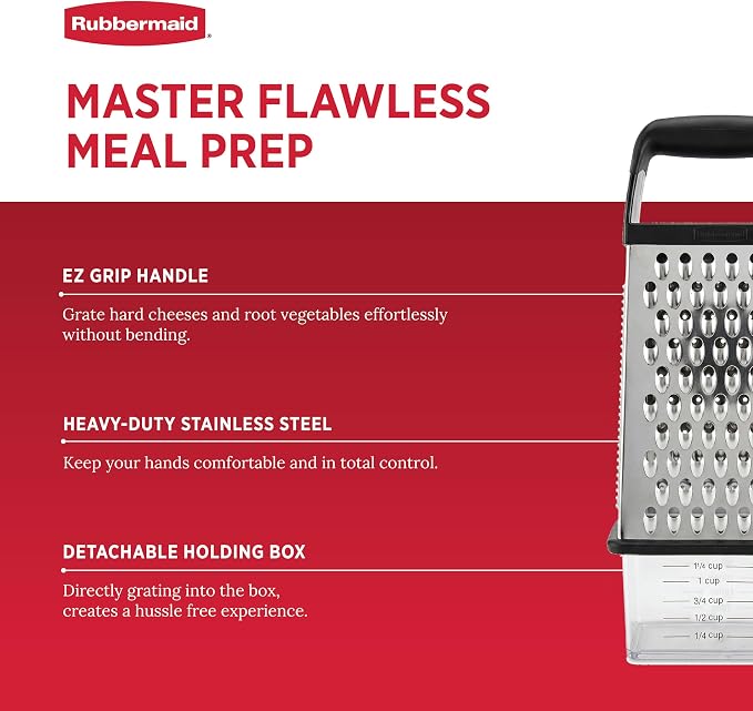 Rubbermaid EZ Grip Box Grater, Stainless Steel Cheese Grater & Container - BPA Free Multi-Surface Cheese Shredder & Food Grater for all Vegetables | Graters for Kitchen -Non-Slip Base, Dishwasher Safe