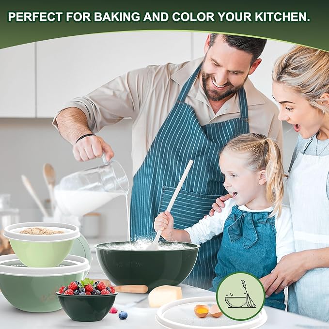 Greentainer Plastic Mixing Bowls with Lids Set for Kitchen, 6 Set Nesting Bowls for Mixing, Baking, Prepping, Cooking and Serving Food, Mixing Bowls Dishwasher, Microwave Safe