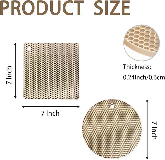 6-Pack Silicone Trivet Mats, Heat Resistant Hot Pads, Dishwasher Safe Kitchen Mats, BPA-Free Pot Holders for Table, Countertop, Stove, Honeycomb Design (Beige, 7” Square/Round)