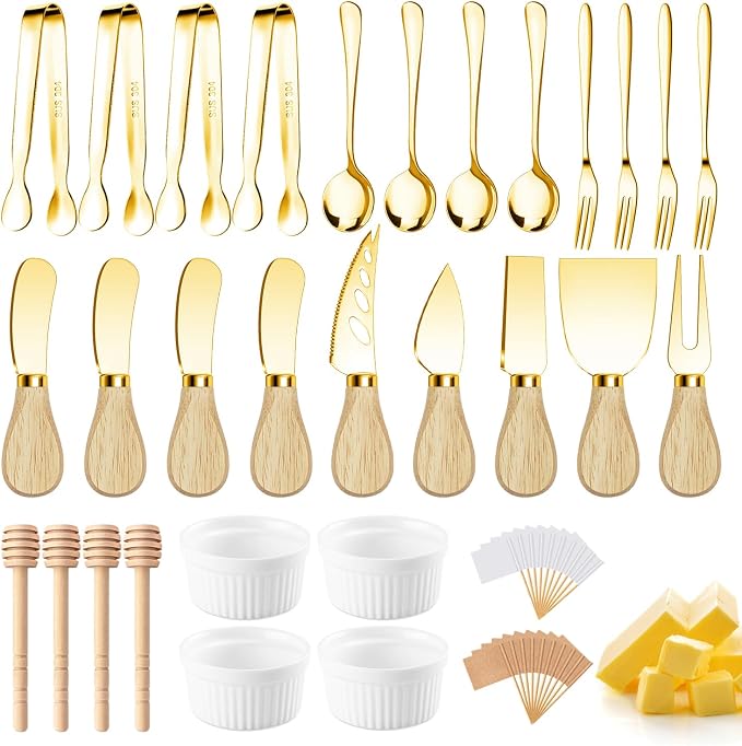 Charcuterie Boards Accessories Gold Charcuterie Utensils Cheese Spreader Knife Set Small Serving Tongs Forks and Spoons Dipping Bowls Honey Dippers Toothpick Flags for Appetizers & Serving Platters