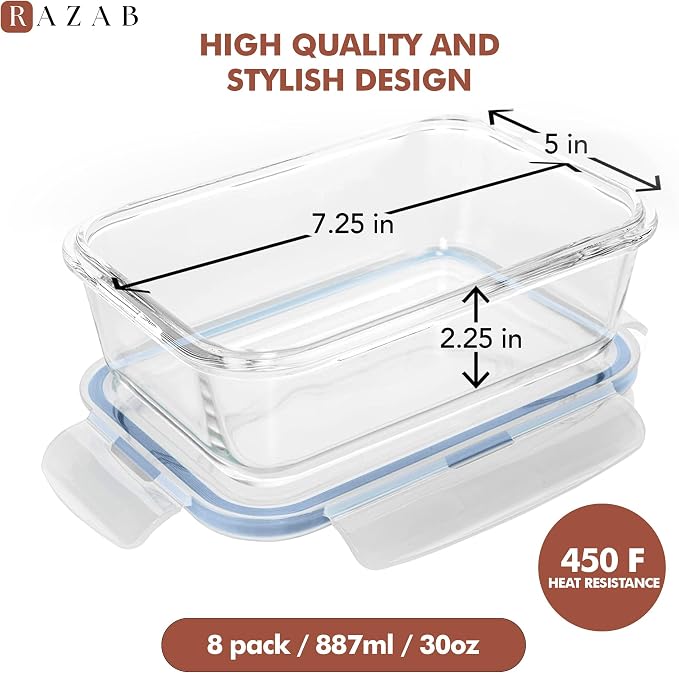 Razab 16 Pc (Set of 8) 30 Oz Glass Meal Prep Containers with Lids, Airtight Large Glass Food Storage Containers, Reusable Leak Proof BPA Free, Freezer to Oven and Dishwasher Safe