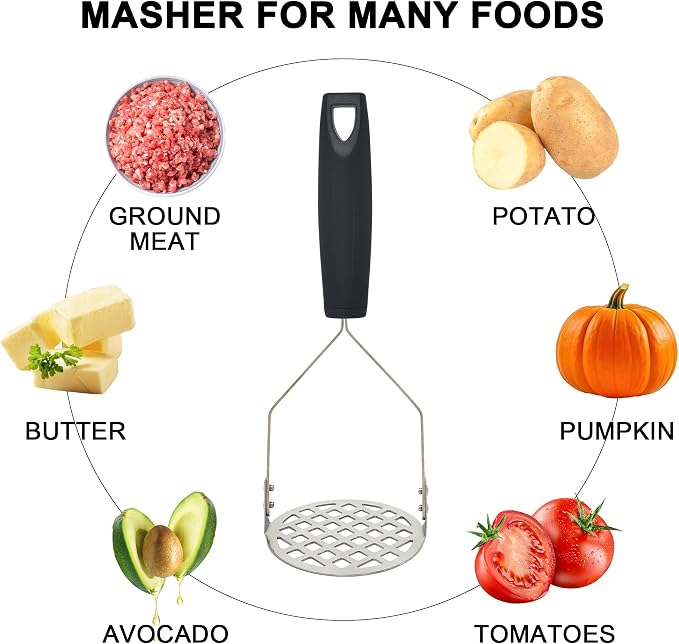 2PCS Heavy Duty Potato Masher, Sturdy Masher, Stainless Steel Food Masher Tool for Potatoes, Avocados, Beans, Fruit & Vegetables