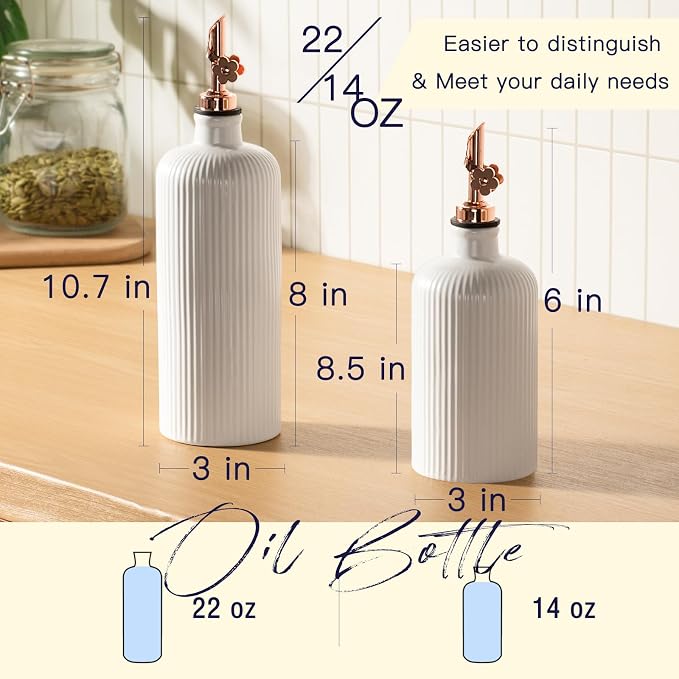Dizada Olive Oil Dispenser Bottle Set of 2 (22 Oz + 14 Oz) - Porcelain Oil and Vinegar Bottles with Stainless Steel Spout, Ceramic Kitchen Cruet, Dishwasher Safe