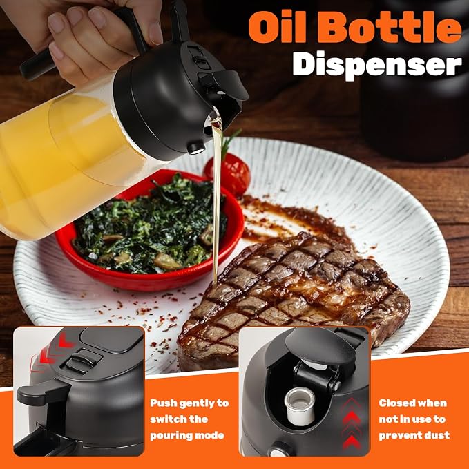 CJT 2 pcs 16oz/470ml Oil Sprayer for Cooking with labels, Food-grade Premium 2 in 1 Olive Oil Dispenser Bottle for Cooking,BBQ, Air Fryer,Salad,Baking(Green & Black)