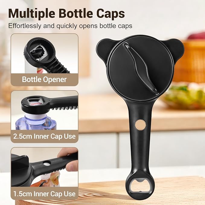 4-In-1 Adjustable Jar Opener for Seniors & Weak Hands, Lid Opener with Non-Slip Grip, Stainless Steel Jar Lid Opener, for Jars, Bottles & Cans (Black)