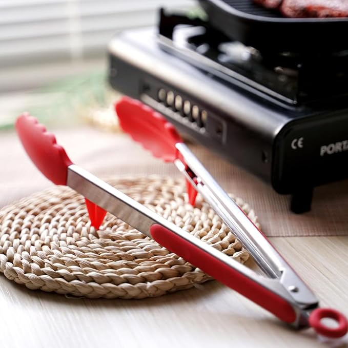 Silicone Kitchen Tongs, 3Pcs Tongs for Cooking with Silicone Tips, Food Grade Small Tongs, Mini Serving Tongs for BBQ Salad, Red, 7"+9"+12"