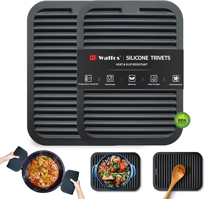 Walfos Trivets for Hot Dishes, Multi-Purpose Silicone Pot Holders, Hot Pads for Kitchen Hot Pots and Pans, Heat Resistant Silicone Mats for Kitchen Countertops, Non-Slip, 2 Pack, Black
