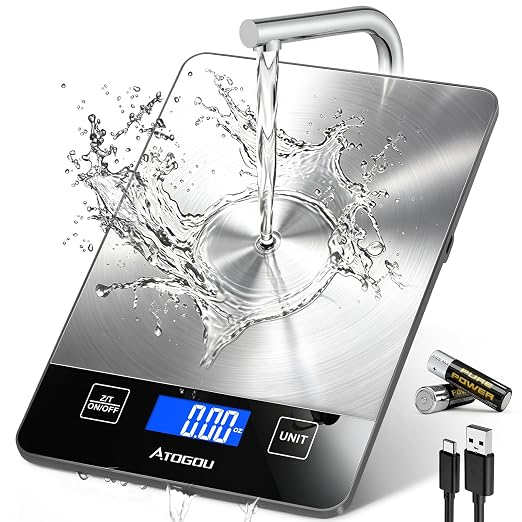 Atogou Food Scale - 33lb Digital Kitchen Scale Ounces Grams, Rechargeable & Full-View Display, Water-Resistant, Batteries or USB-C Charging, Stainless Steel, for Cooking, Meal Prep, Package (Grey)