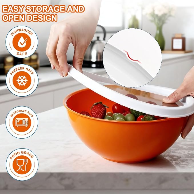 Greentainer Plastic Mixing Bowls with Lids Set for Kitchen, 6 Set Nesting Bowls for Mixing, Baking, Prepping, Cooking and Serving Food, Mixing Bowls Dishwasher, Microwave Safe