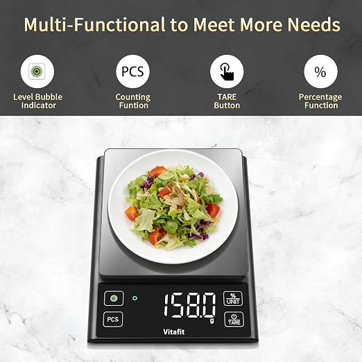 Vitafit 11lb Food Scale, High Accuracy 0.0001lb by Our Professional Scale Factory Since 2001, Digital Kitchen Scale with% Percentage Function for Cooking, Baking & Coffee, Stainless Steel, LED, Black