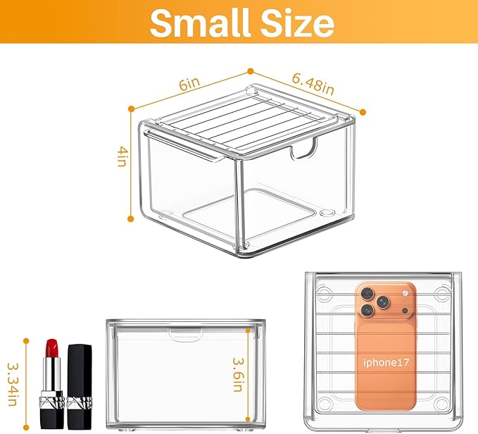 6-Pack Stackable Acrylic Storage Drawers, Small | Smooth-glide drawers, stackable, clear body, dustproof, wipe clean, 6 small, for art tools, makeup, under sink, pantry