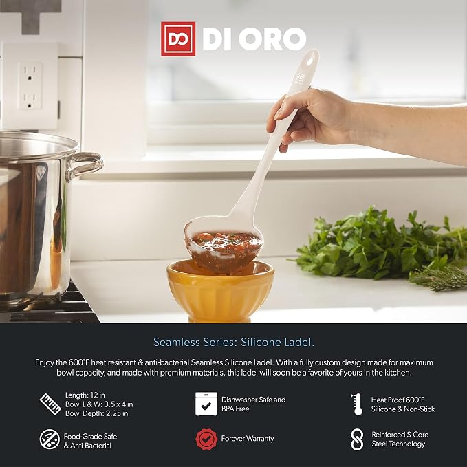 DI ORO Silicone Ladle – Soup Ladle for Cooking & Serving Heat-Resistant - Large Kitchen Soup Ladle Nonstick Cookware Safe - Soup Serving Spoon with Wide Bowl - Silicone Utensil Dishwasher Safe (Clay)
