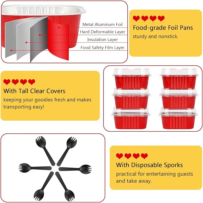 120pack 5oz Mini Cake Pans with Lids,LNYZQUS Foil Cupcake Cups Small Brownie Baking Tins,Square Disposable Ramekins Cheesecake Containers for Christmas-Red