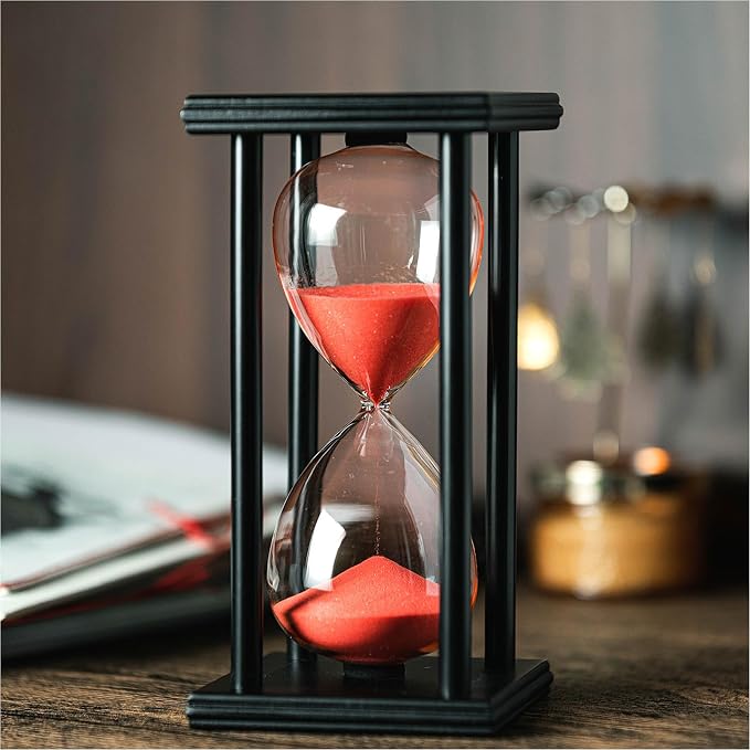 SAMLONG Hourglass 60 Minutes Red Sand Timer, Black Wooden Frame Sandglass