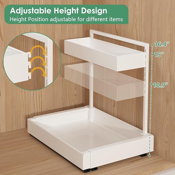 L-Shaped Under Sink Organizer with 6-Level Height Adjustment | Expandable Width, Pull-Out Cabinet Storage Rack with Quiet Sliding Rails for Kitchen, Bathroom, Laundry Room Cabinets, White