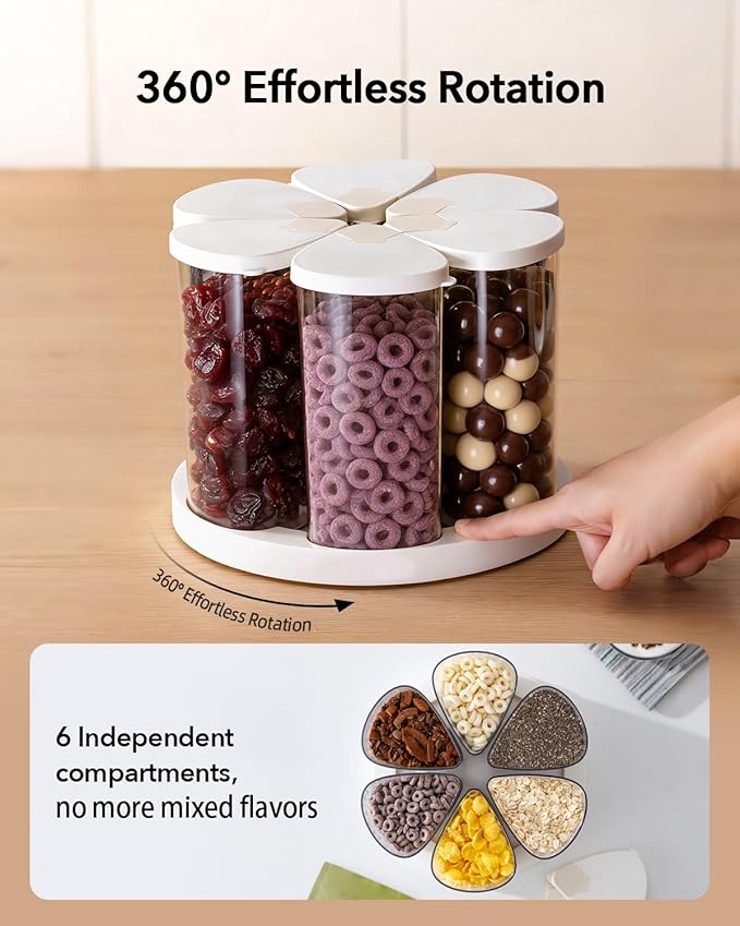 Rotating Food Storage Containers Set of 6, 23oz (690ml) Clear PET Jars with Dual Pour Lids, 360° Lazy Susan Pantry Organizer for Snacks, Cereal, Nuts, Oats & Dry Foods, Kitchen Grain Dispenser