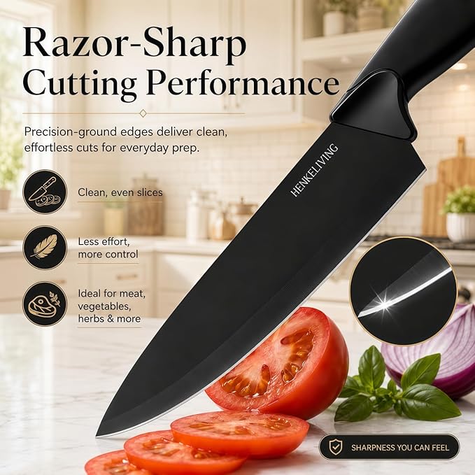 Knife Set, 19-Piece Dishwasher Safe Black Kitchen Knife Block Set with Built-in Sharpener, Stainless Steel Cutlery Set for Everyday Prep, Steak Nights and Modern Kitchens