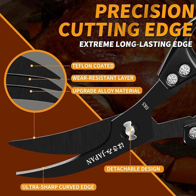 Huusk Kitchen Shears Set Black - Professional Seafood & Kitchen Scissors Set, Sharp Japanese-Style Meat Scissor for Crab, Shrimp, Lobster, Herbs and Food Prep, Gifts for Men Women