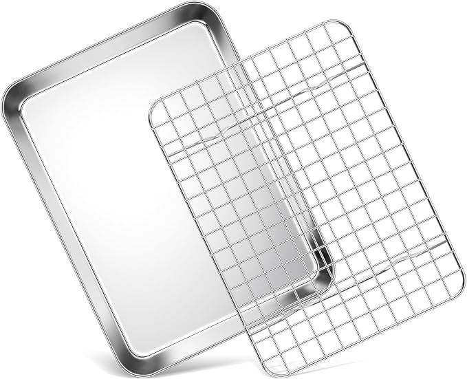 Homikit Toaster Oven Pan with Rack (1 Small Baking Sheet+1 Rack), 9” x 7” | Stainless Steel Baking Sheet with Wire Rack, Small Cookie Sheets Bacon Tray with Cooling Rack, Rust Free & Dishwasher Safe