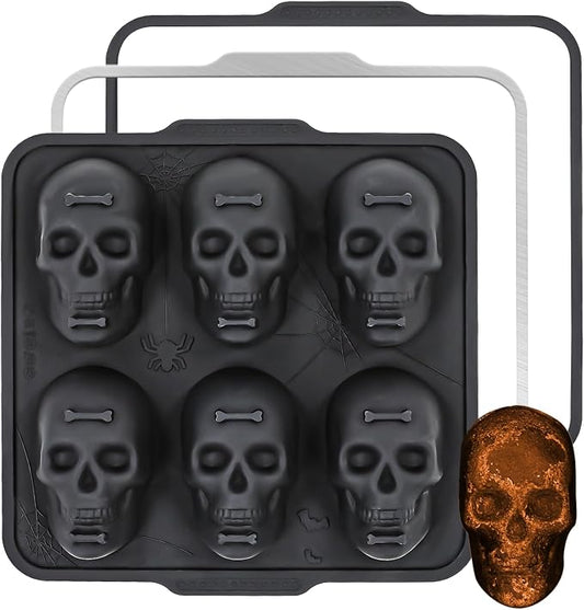 FUNBAKY Skull Baking Pan, Muffin Pan Metal Reinforced Frame Silicone Skull Cake Mold - Halloween Nonstick Large Molds for Baking with Handle, Easy to Move Oven 1 Pack