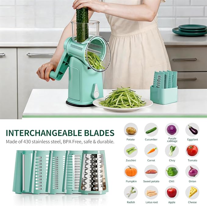 The CoveCarol rotary cheese grater comes with 5 blades and 3 tools: a round mandolin slicer and a food shredder. Suitable for fruits, vegetables, nuts, etc., it includes a blade storage box. (Green)