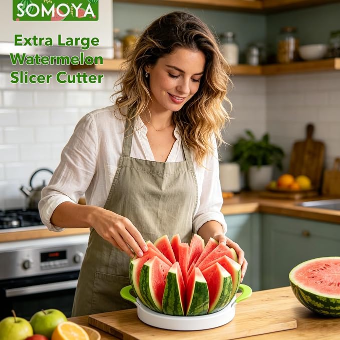 SOMOYA Extra Large Stainless Steel Watermelon Slicer for Home Kitchen | Silicone Handle,Cuts Watermelon,Cantaloupe, Pineapple Dishwasher safe,11inch large Size for Camping,Party & Catering Picnic