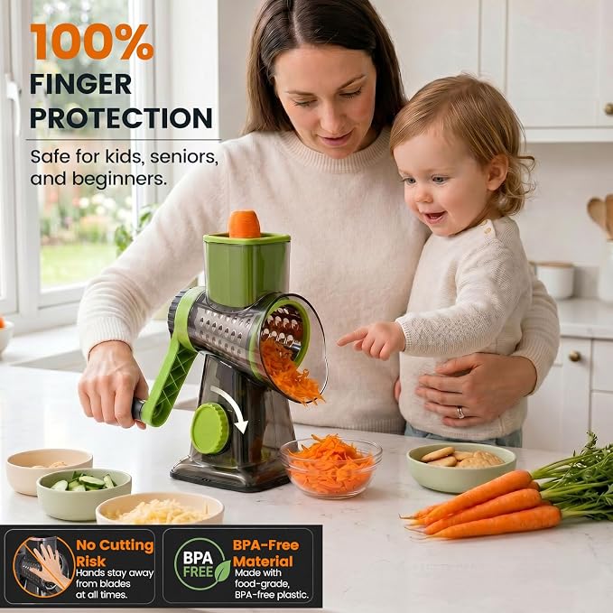 HANSGO Rotary Cheese Grater, 3 Stainless Steel Blades, Labor-Saving Handle, Strong Suction Base, for Cheese, Vegetables, Nuts, Chocolate & Fruits, Ideal for Family Meals, Salads, Pasta & Easy Cleanup