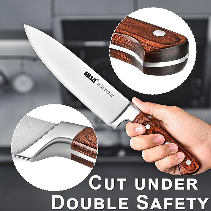 8 Inch Chef Knife German 7Cr17MoV Carbon Steel Full Tang Pakkawood | German 7Cr17MoV steel + full tang construction + 15° razor edge + ergonomic pakkawood handle. For slicing, dicing, chopping