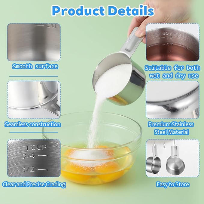 6 Pcs Stainless Steel Measuring Cup Set Includes 3 Pcs 1Cup (240ml, 8oz) & 3 Pcs 1/2Cup (120ml, 4oz) Metal Measure Scoop with Etched Inner Scale, Metric and US Measurement, Dishwasher Safe