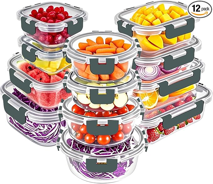 VERONES 12 Packs Glass Food Storage Containers Set with Lids, Grey | Airtight Glass Lunch Containers, Glass Meal Prep Containers with Lids, for Microwave, Oven, Freezer & Dishwasher Friendly