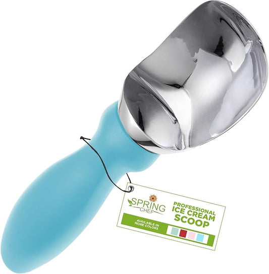 Spring Chef Stainless Steel Ice Cream Scoop with Soft Grip Handle - Heavy Duty Ice Cream Scooper for Frozen Yogurt, Gelato, Sundae, Melon, Sundae - Dishwasher Safe Premium Kitchen Tool - Aqua Sky