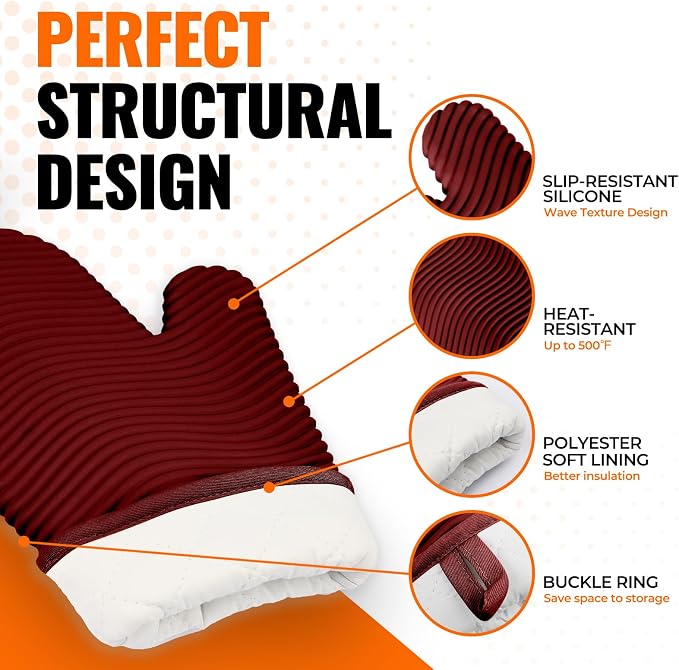 YUTAT Silicone Oven Mitts,Heat Resistant 2PCS Oven Mitts with Soft Polyester Filling Perfect for BBQ, Baking and Cooking,Red