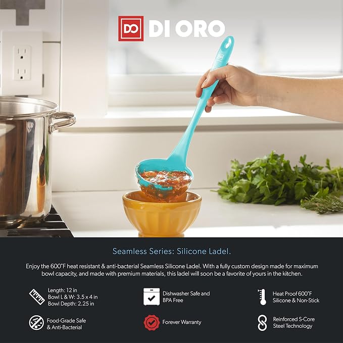 DI ORO Silicone Ladle - Heat-Resistant Large Kitchen Soup Spoon for Cooking & Serving - Nonstick Cookware Safe With Wide Bowl - Dishwasher Safe Utensil (Teal)