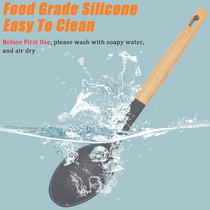 Silicone Spatula Set Spatulas Silicone Heat Resistant for Nonstick Cookware, Large Rubber Slotted Solid Turner Spoon for Kitchen Use Cooking Utensils Set Wooden Handle Grey