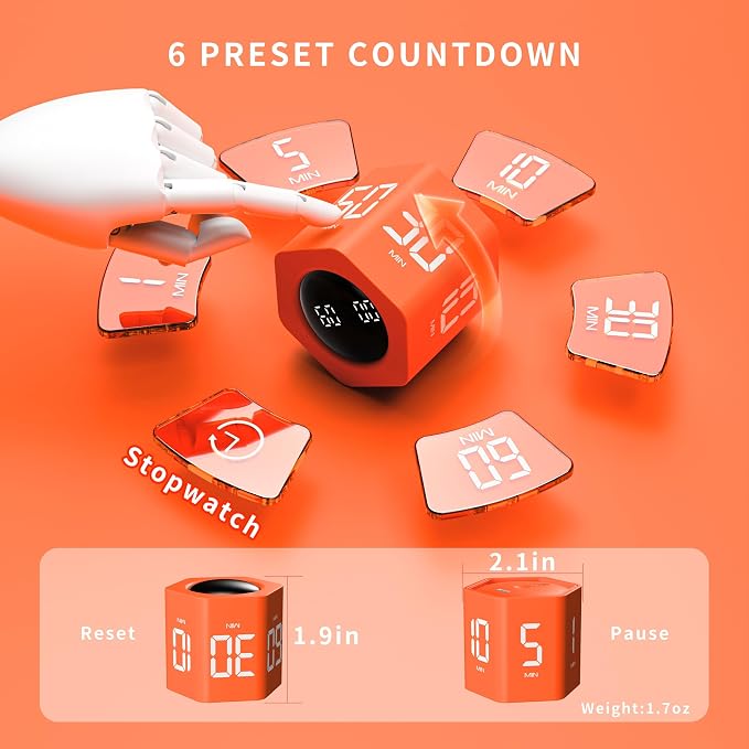 Productivity Timer 1, 5, 10, 30, 60 Minutes Preset, Desk Cube Timer with Gravity Sensor/Mute/Vibration for ADHD, Work, Study, Kitchen, Back to School (Luxe Orange)