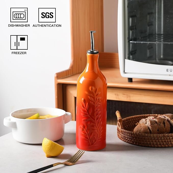 Sweejar Large Olive Oil Dispenser Bottle with Spout, 24 Oz Ceramic Oil Dispenser for Kitchen, Relief Opaque Cruet, Container for Cooking, EVOO, Vinegar, Pack of 1 (GradientOrange)