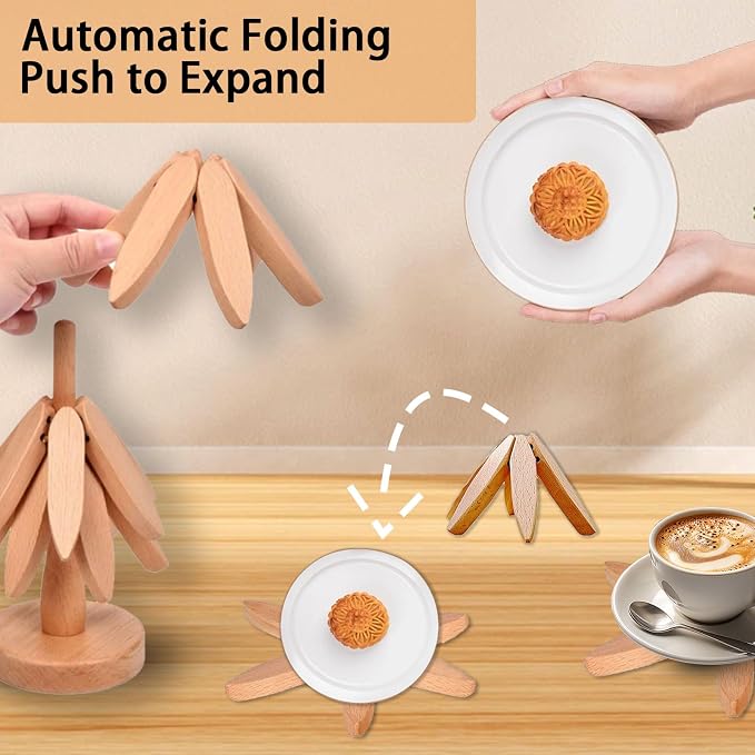 Thick&Thin Trivets for Hot Dishes, 4 Wooden Tree Hot Pads Auto Foldable Coasters, Protecting The Kitchen Table Suitable for Hot Dishes, Pots, Bowls, Teapots, Hot Pot Racks