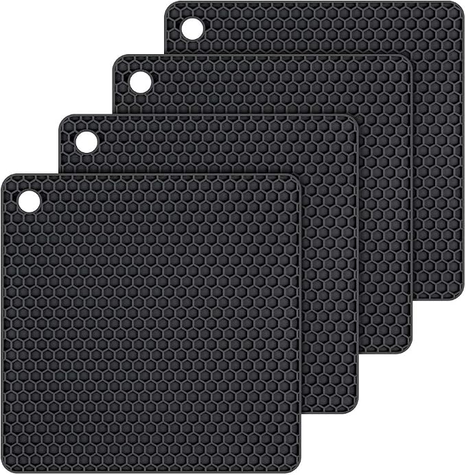 Silicone Trivets Mats for Hot Dishes - Hot Pads for Kitchen Countertop Non Slip Coasters Heat Resistant Mats 4 Pack (Black)