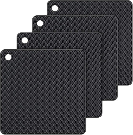 Silicone Trivets Mats for Hot Dishes - Hot Pads for Kitchen Countertop Non Slip Coasters Heat Resistant Mats 4 Pack (Black)