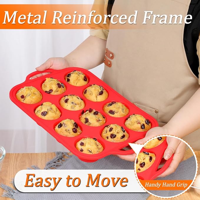 CAKETIME Silicone Muffin Pans for Baking, Metal Reinforced Frame Regular 12 Cups & Mini 24 Cups Cupcake Pan Set Nonstick Muffin Pan for Homemade Baking Easy to Handle