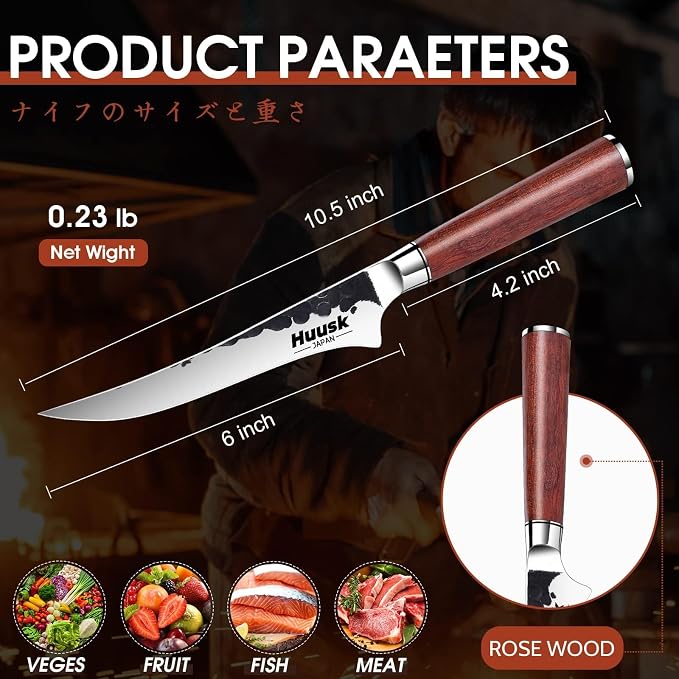 Huusk Boning Knife, Hand Forged 6" Fillet Knife, Butcher Knives Japanese Deboning Knives for Meat, Fish, Poultry, Rosewood Handle with Gift Box, Gifts Idea for Men Women