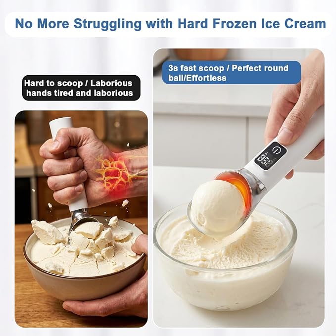 Rechargeable Heated Ice Cream Scoop, LED Display Real-Time Temperature & Battery, 5000mAh Electric Ice Cream Scoop, 158°F Fast Heating IP67 Waterproof with Bee Bracket, Ideal for Hard Frozen Desserts