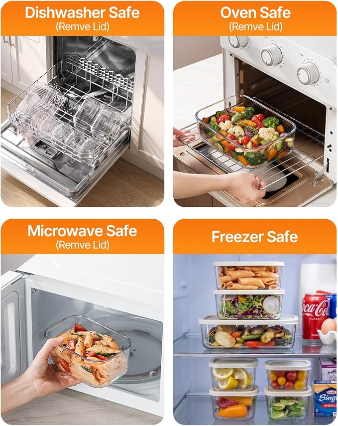 KEMETHY 7 Pack Glass Food Storage Containers with Lids,Stackable BPA Free Glass Meal Prep Containers,Glass Lunch Containers with Lids for Kitchen Storage and Organization- Baking, Microwave, Oven