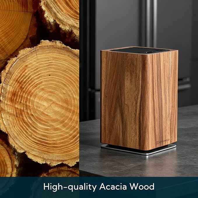 KITCHENDAO Magnetic Knife Block without Knives, 360° Rotary Acacia Wood Knife Holder, Large Universal Knife Storage with Magnet, Countertop Butcher Block Knife Stand for Easy Kitchen Storage